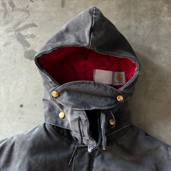 Vintage Carhartt Quilted Lined Jacket Black Removable Hood Parka Rain Size Large - Picture 2 of 7
